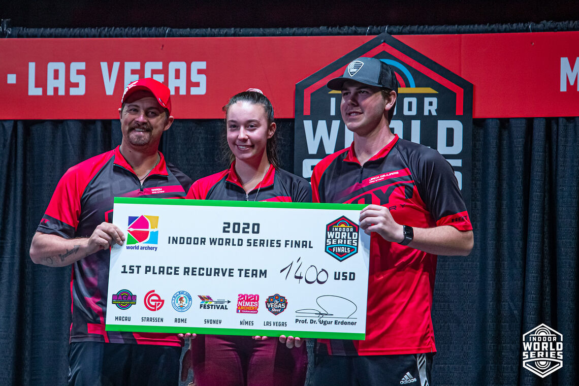 Lancaster Archery Supply collects its winning cheque at the Indoor Archery World Series Finals in 2020.