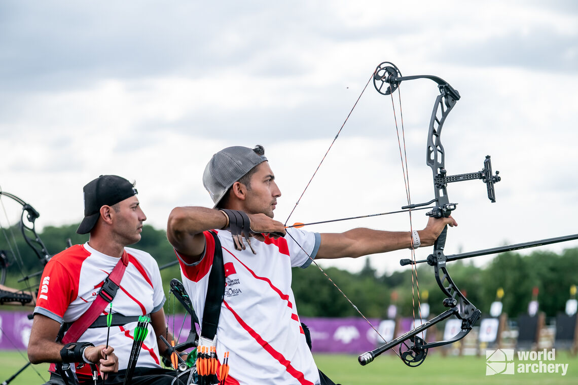 Yiğit Caner Aydın shooting at Pilsen 2023 World Archery Para Championships.