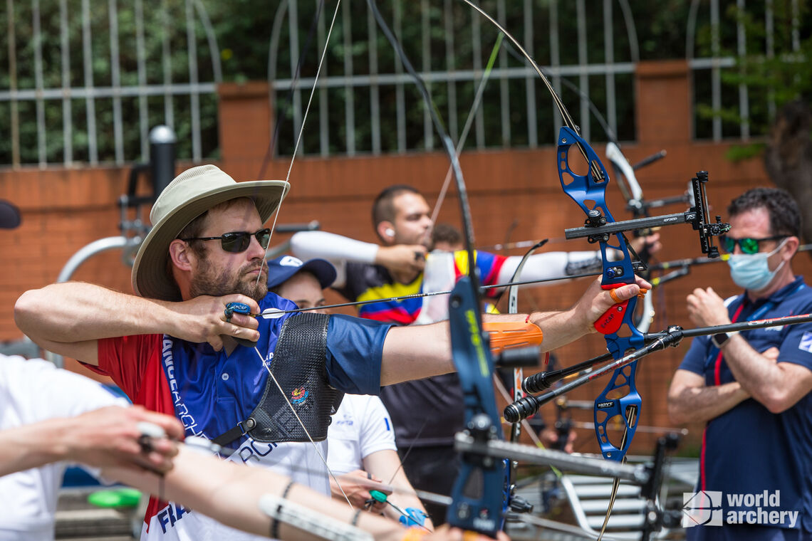 Jean-Charles Valladont shoots at the first stage of the 2021 Hyundai Archery World Cup in Guatemala City.