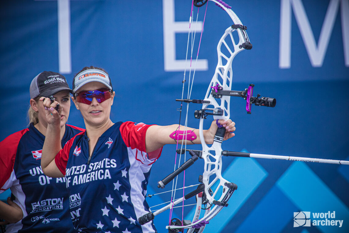 Linda Ochoa-Anderson shoots during finals at the first stage of the 2021 Hyundai Archery World Cup in Guatemala City.