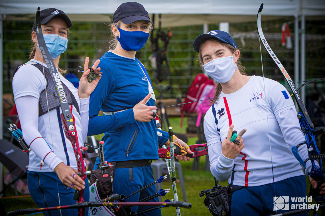 The French recurve women take a moment to celebrate at the second stage of the 2021 Hyundai Archery World Cup in Lausanne.