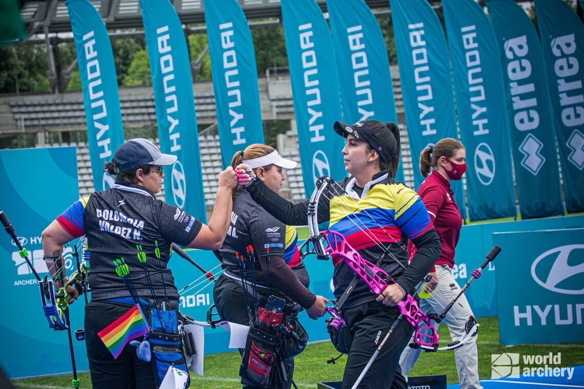 The Colombian compound women compete at stage three of the 2021 Hyundai Archery World Cup in Paris, France. 