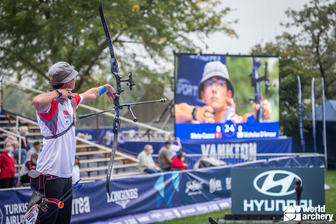 Mete Gazoz shoots at the Yankton 2021 Hyundai World Archery Championships.