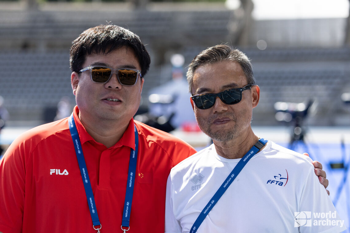  Oh Seon Tek and Chinese coach at Paris 2023 Hyundai Archery World Cup.