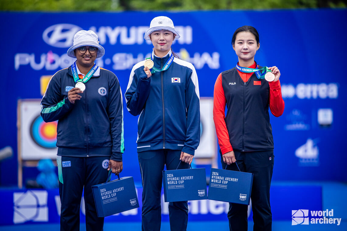 Recurve women’s podium at Shanghai 2024 Hyundai Archery World Cup.