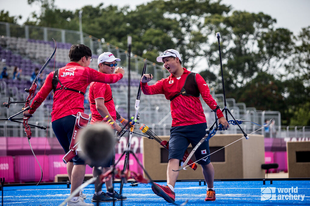 Japan celebrates winning men's team bronze at the Tokyo 2020 Olympic Games. 