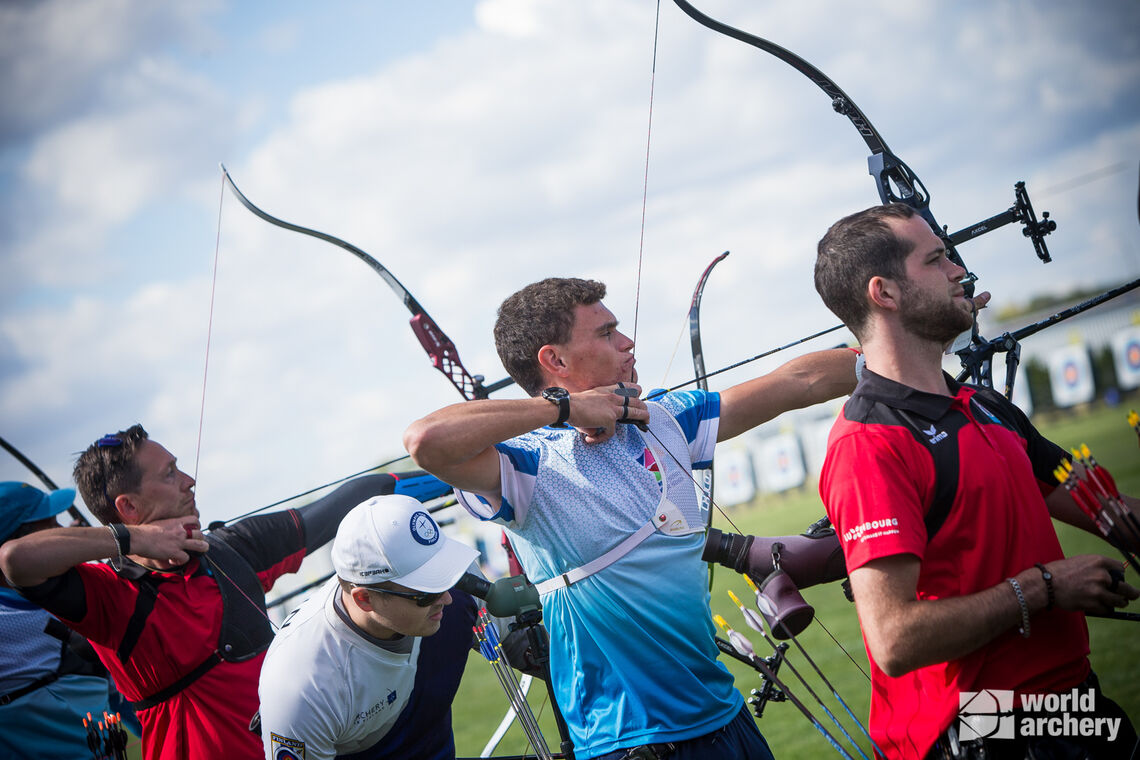 Nicholas D'Amour shoots at the Yankton 2021 Hyundai World Archery Championships. 