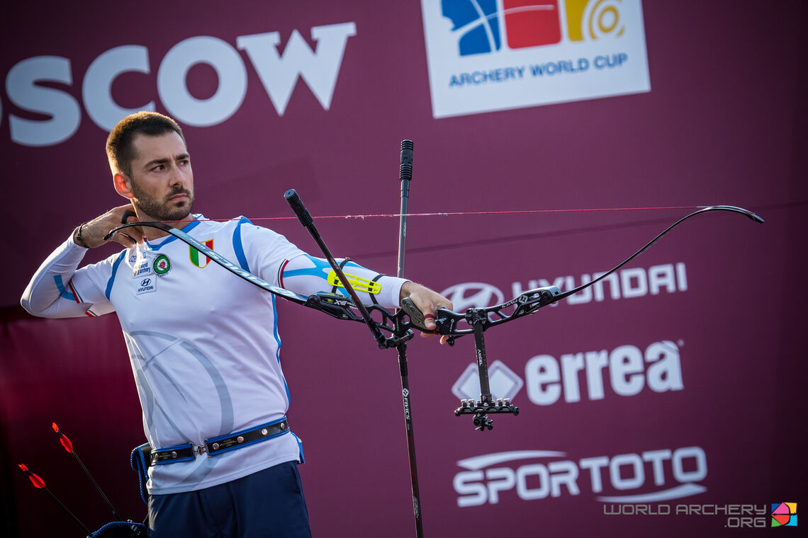 Mauro Nespoli shoots during the 2019 Hyundai Archery World Cup Final in Moscow. 