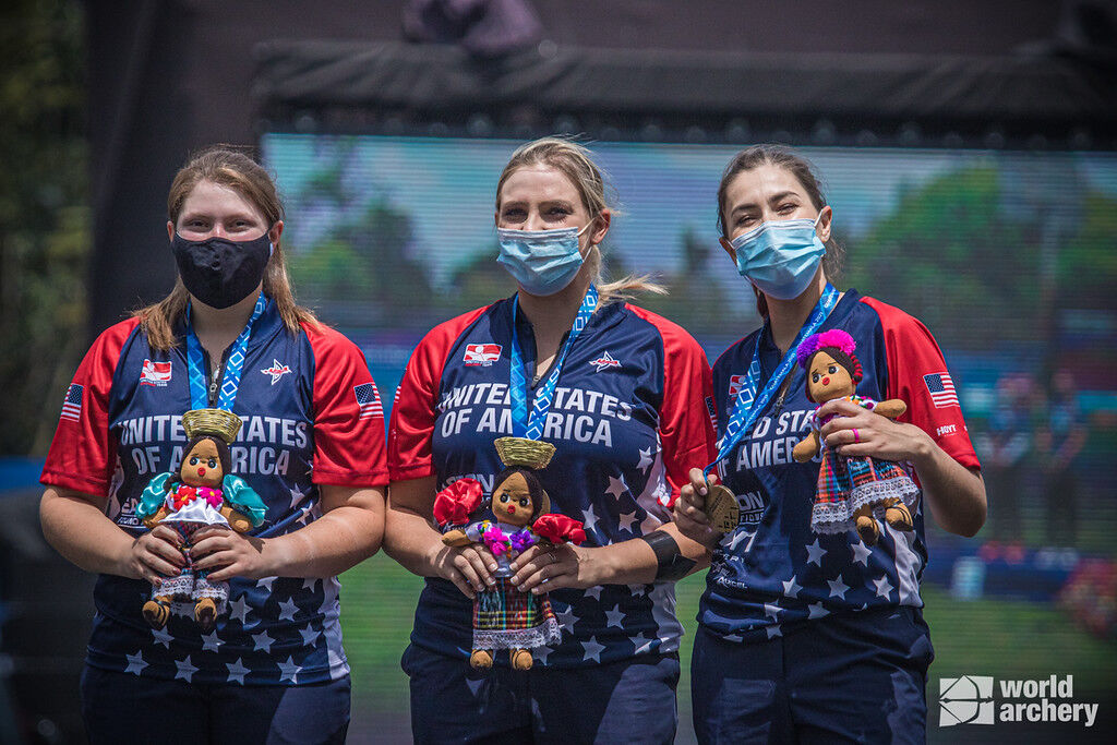 The United States compound women's team celebrates its gold medal at the first stage of the 2021 Hyundai Archery World Cup in Guatemala City. 