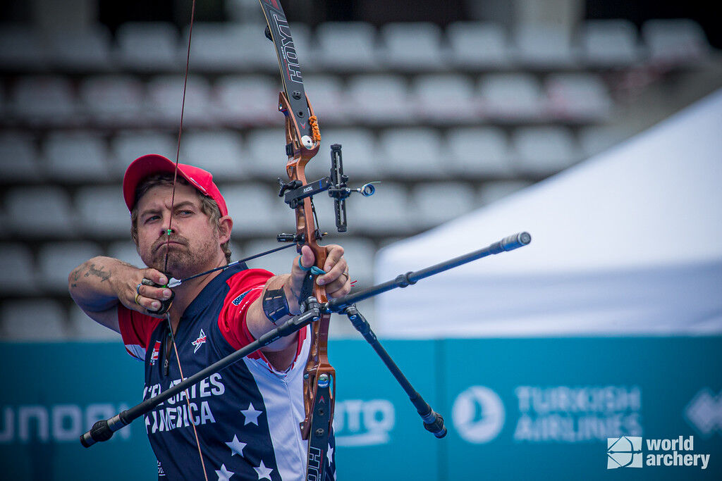 Brady Ellison shoots at stage three of the 2021 Hyundai Archery World Cup in Paris. 