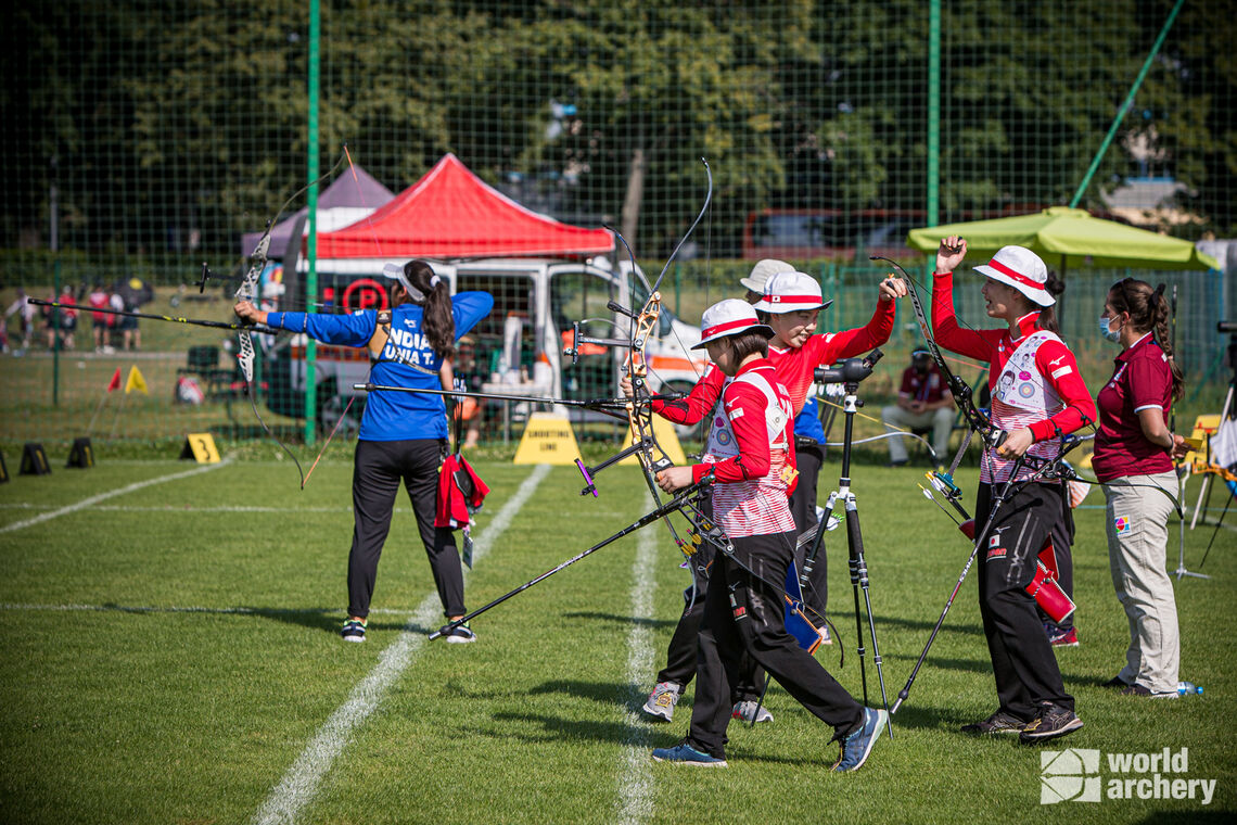 Japan beats India in the under-21 recurve women's team semifinal.