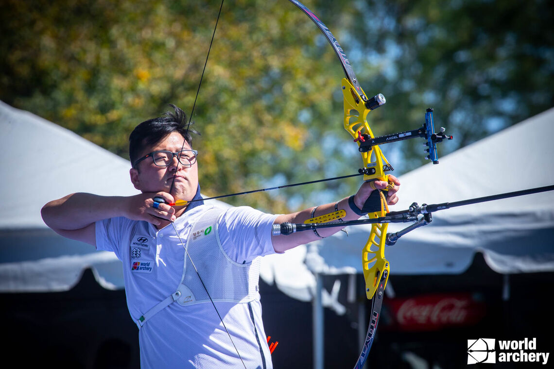 Kim Woojin shoots at the Yankton 2021 World Archery Championships. 