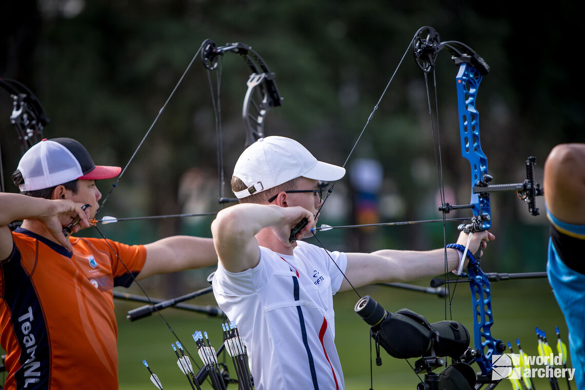 Victor Bouleau shooting at the Antalya 2023 Hyundai Archery World Cup.