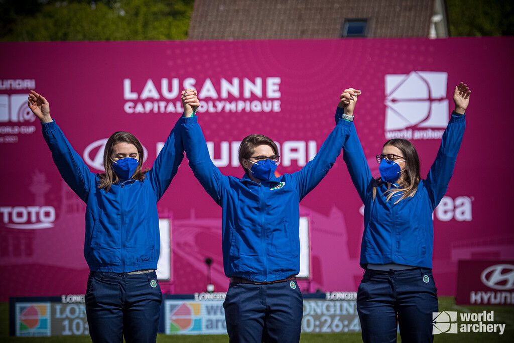 Italy celebrates its victory in the recurve women's team event at the 2021 Hyundai Archery World Cup in Lausanne.