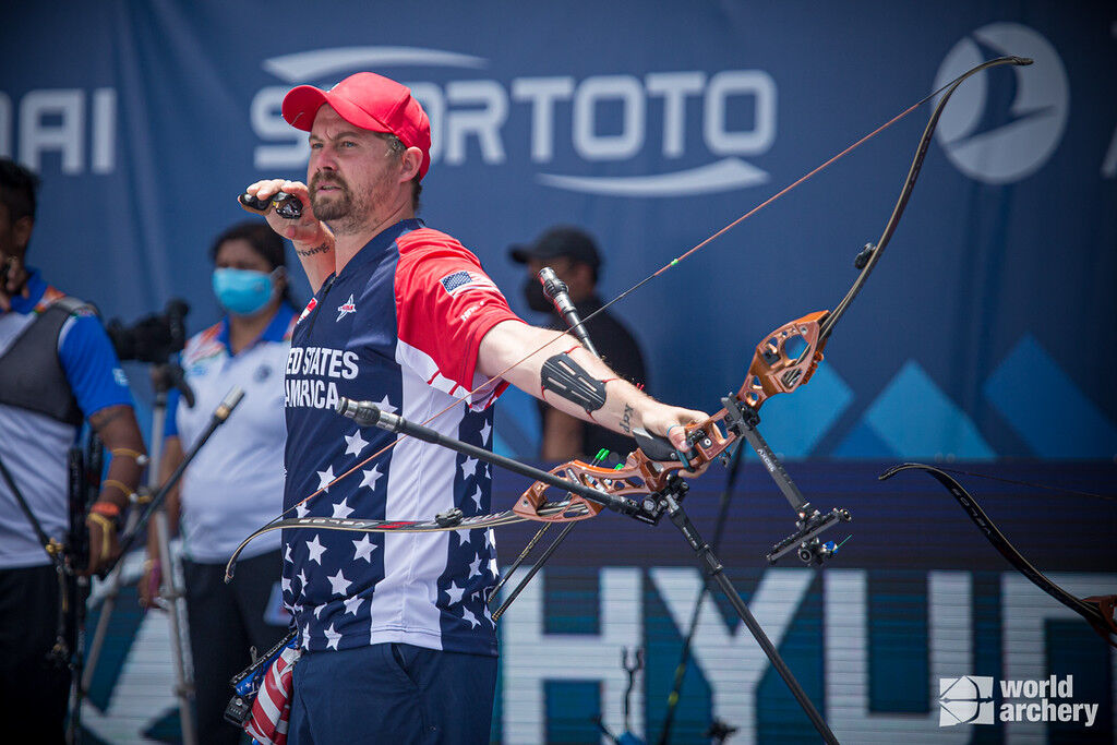 Brady Ellison shoots at the first stage of the 2021 Hyundai Archery World Cup in Guatemala City.