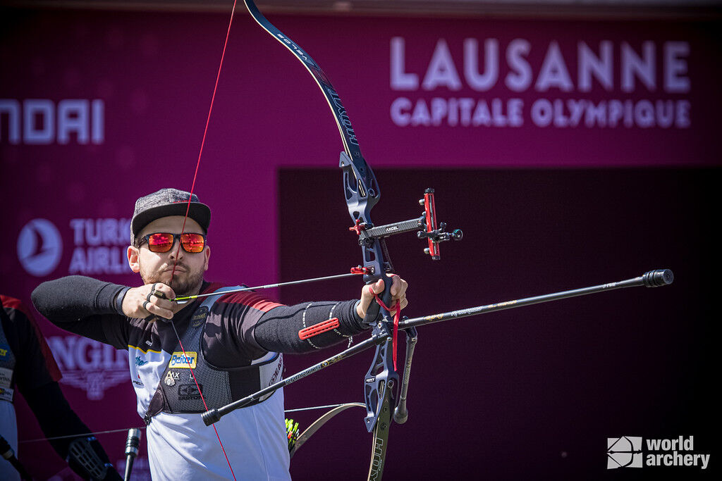 Maximilian Weckmueller shoots at the second stage of the 2021 Hyundai Archery World Cup in Lausanne.