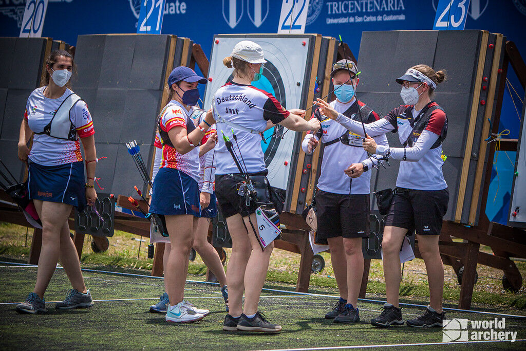 The German women's team convenes during the first stage of the 2021 Hyundai Archery World Cup in Guatemala City.