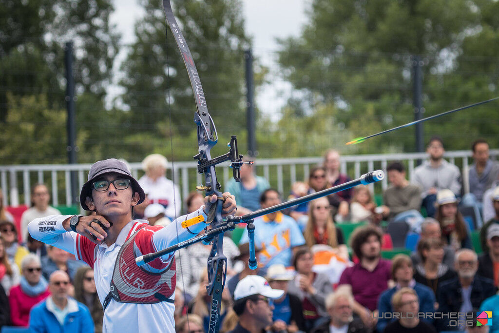 Mete Gazoz shoots at the fourth stage of the 2019 Hyundai Archery World Cup in Berlin.