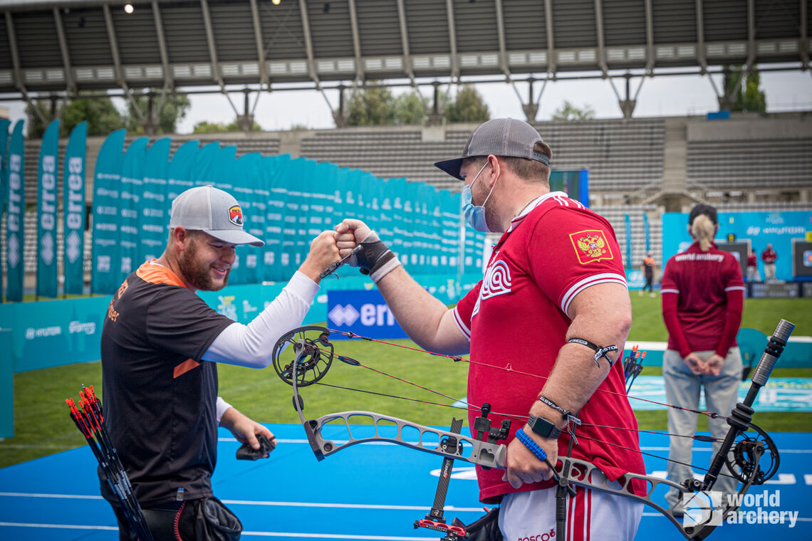 Mike Schloesser competes during stage three of the Hyundai Archery World Cup in Paris, France.