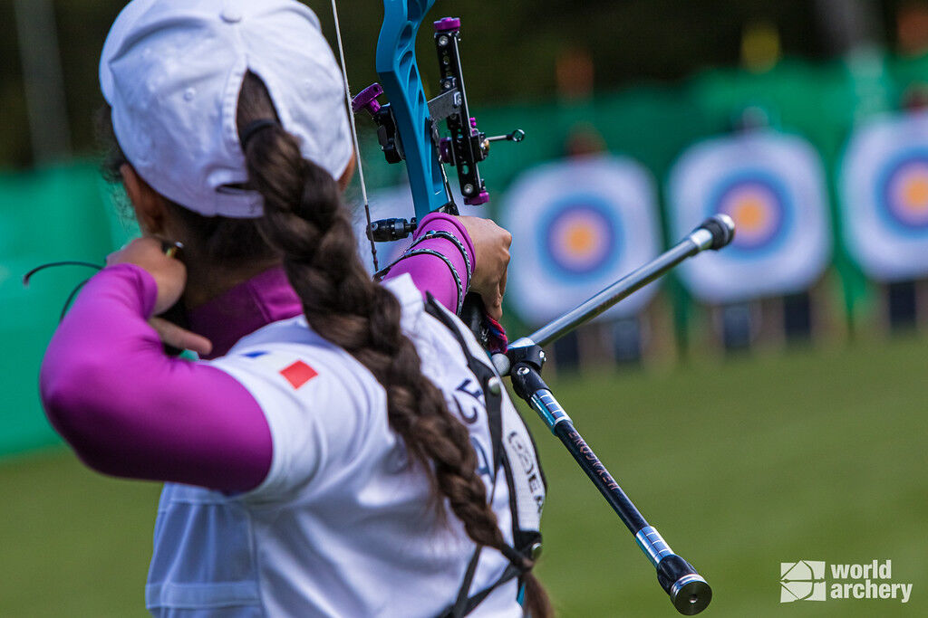 Audrey Adiceom shoots during the second stage of the 2021 Hyundai Archery World Cup in Lausanne.