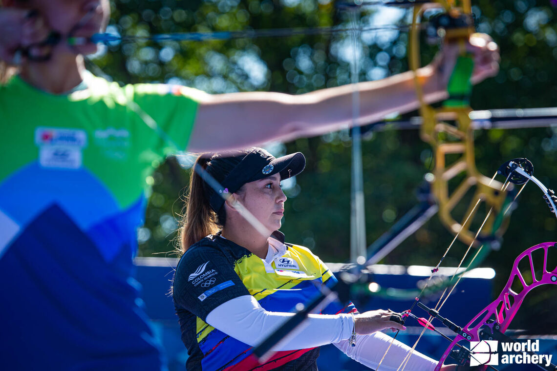 Sara Lopez shoots at the Yankton 2021 Hyundai World Archery Championships.