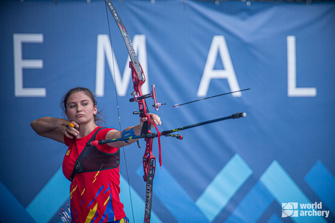Madalina Amaistroaie shoots at the first stage of the 2021 Hyundai Archery World Cup in Guatemala City.