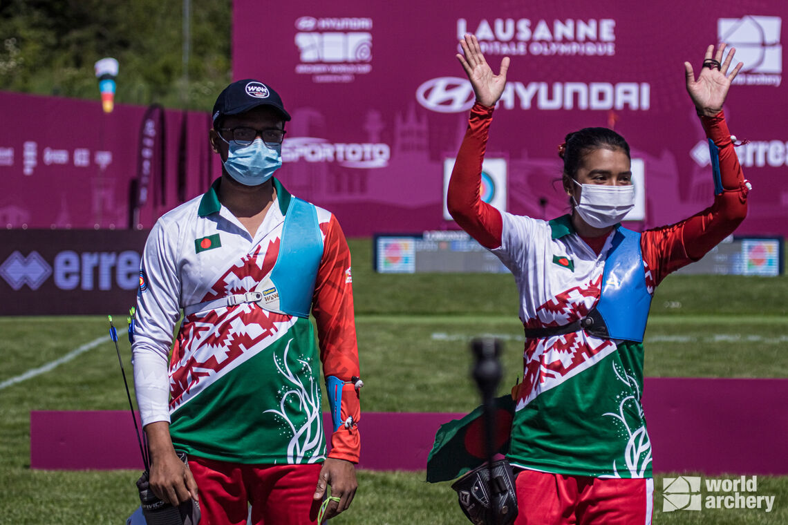 Ruman Shana and Diya Siddique celebrate at stage two of the 2021 Hyundai Archery World Cup in Lausanne. 