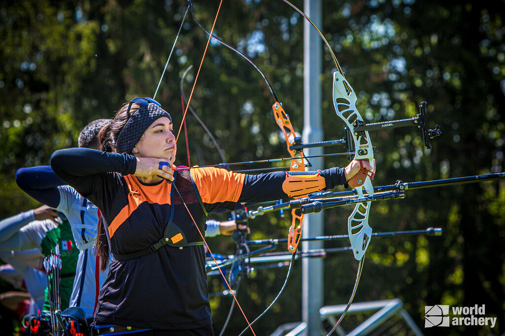 Gabriela Schloesser shoots at the second stage of the 2021 Hyundai Archery World Cup in Lausanne.