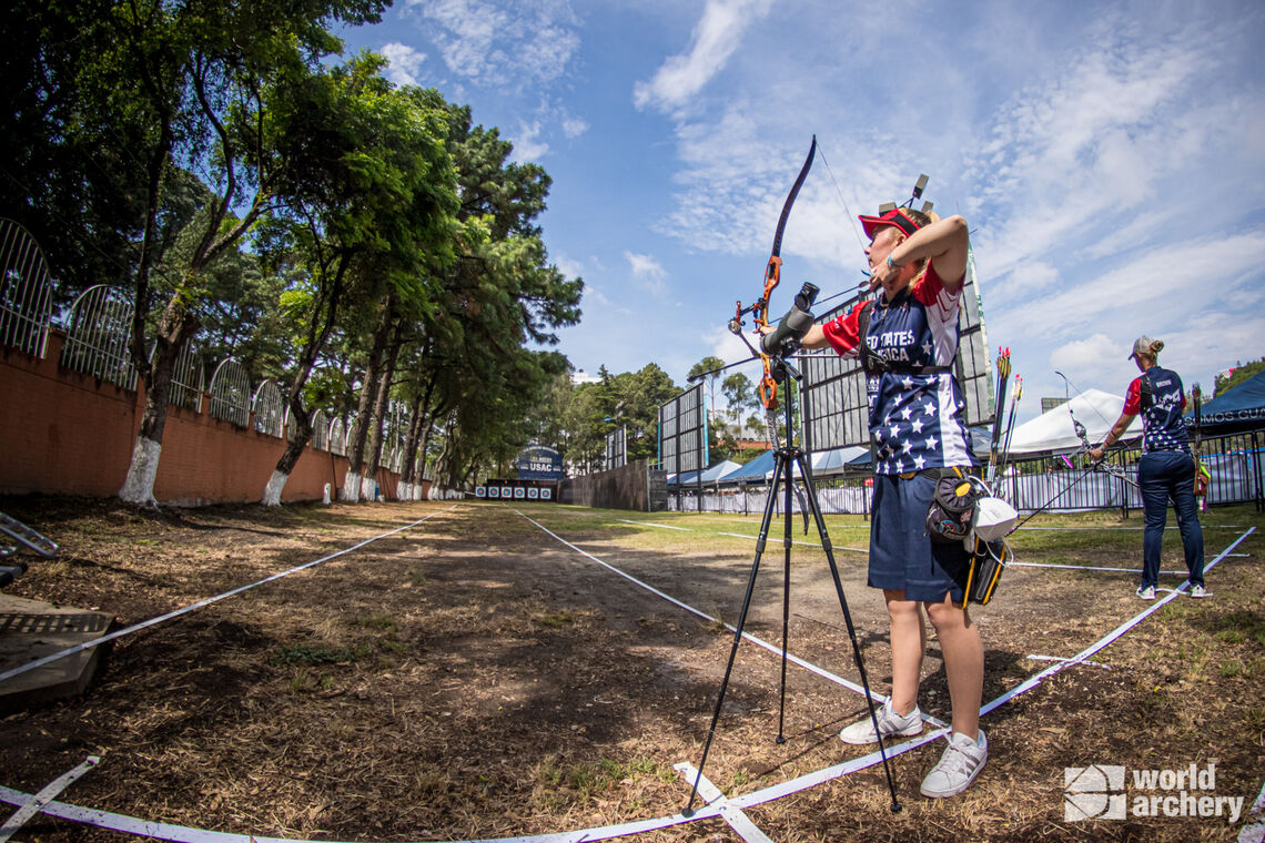 Casey Kaufhold shoots on the practice range during the first stage of the 2021 Hyundai Archery World Cup in Guatemala City.