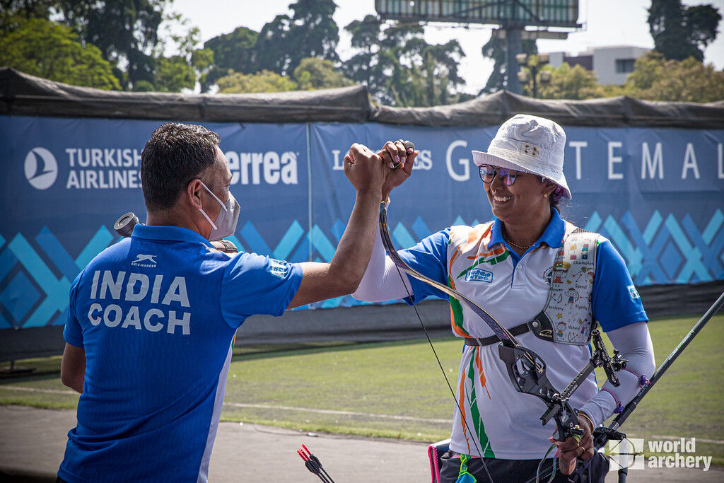 Deepika Kumari celebrates at the first stage of the 2021 Hyundai Archery World Cup in Guatemala City.