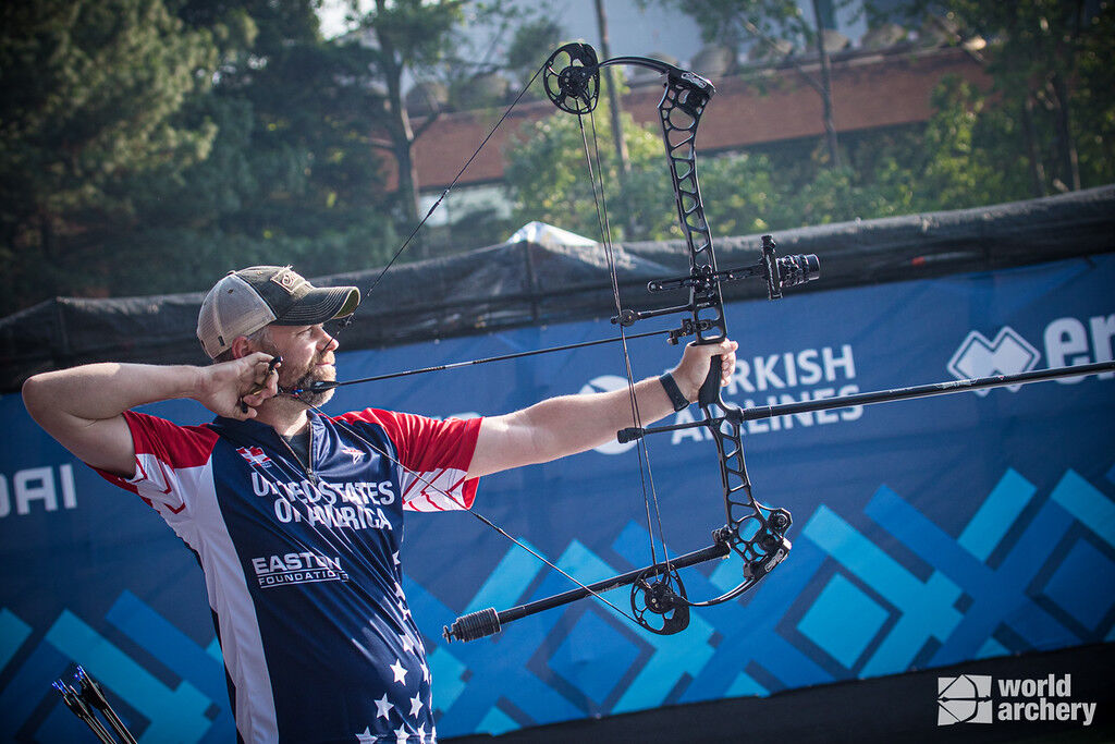 Braden Gellenthien shoots during the gold medal match of the first stage of the 2021 Hyundai Archery World Cup in Guatemala City. 