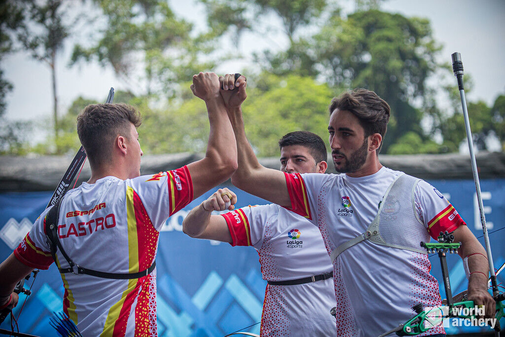 Spain's recurve men's team celebrates during the first stage of the 2021 Hyundai Archery World Cup in Guatemala City.