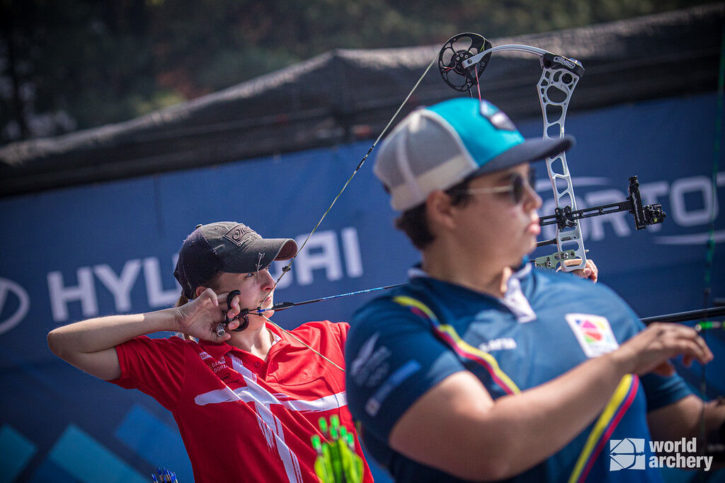 Tanja Gellenthien shoots during the gold medal match of the first stage of the 2021 Hyundai Archery World Cup in Guatemala City.