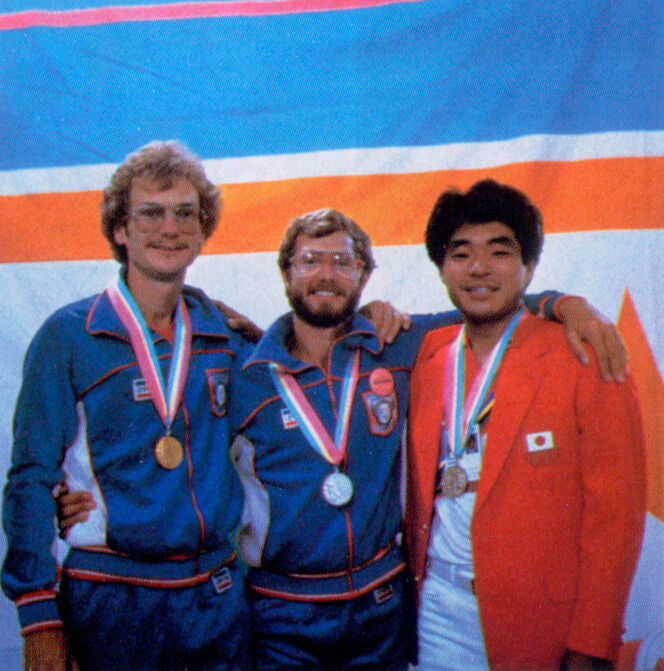 Darrell Pace celebrates his gold medal at the Los Angeles 1984 Olympic Games. 