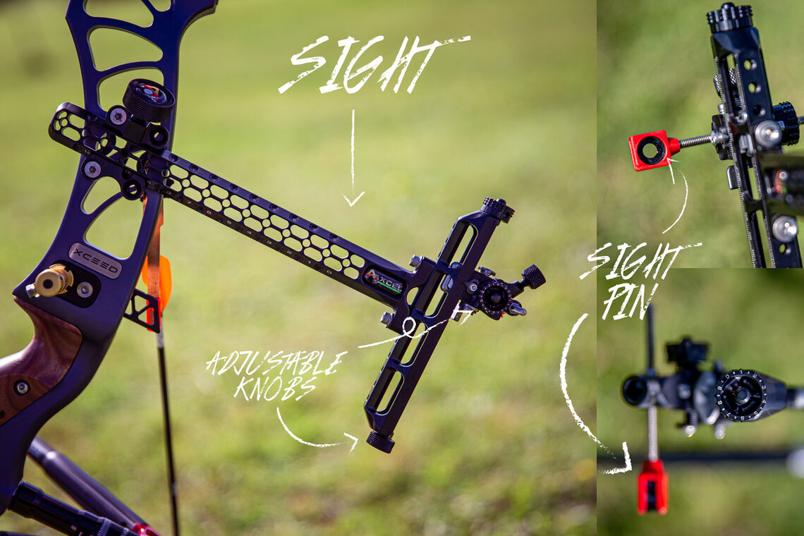 Annotated picture of a recurve sight.
