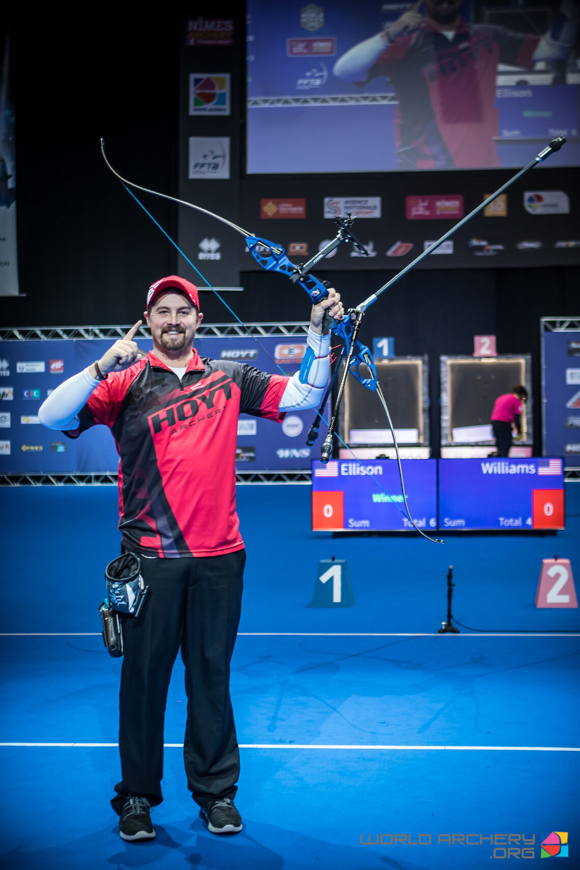 Brady Ellison celebrates after winning gold at the Sud de France – Nimes Archery Tournament in 2020.