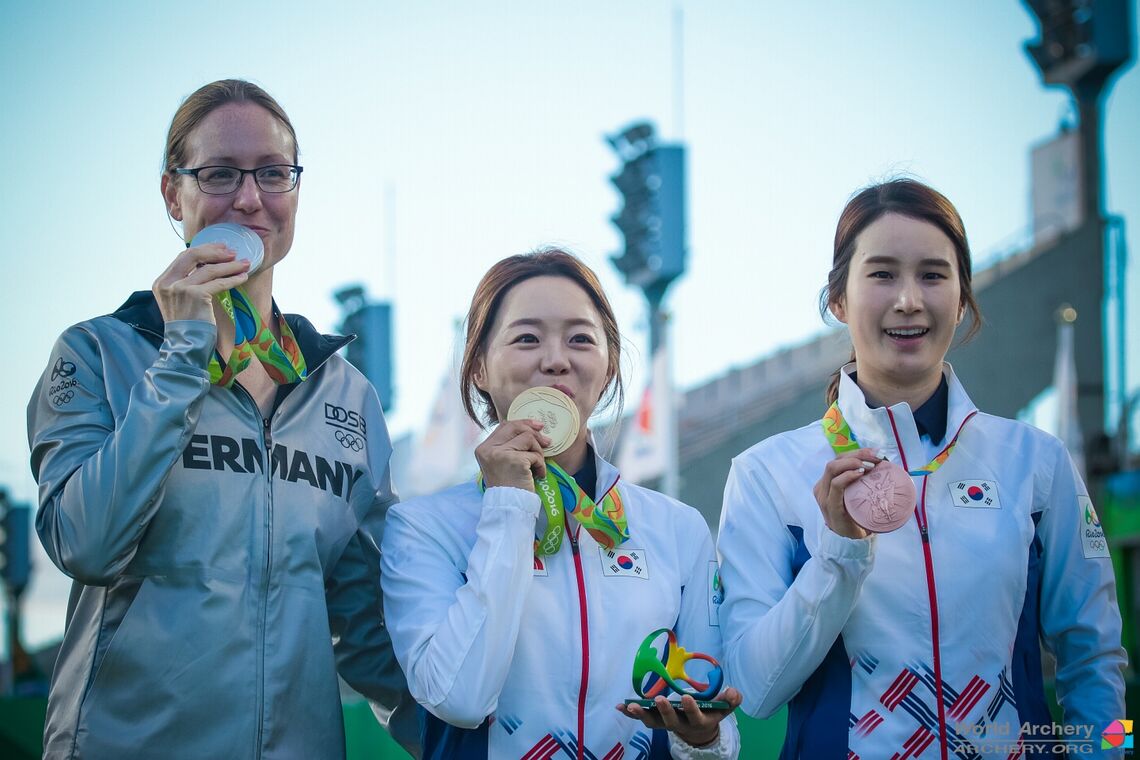 The recurve women’s podium at the Rio 2016 Olympic Games.