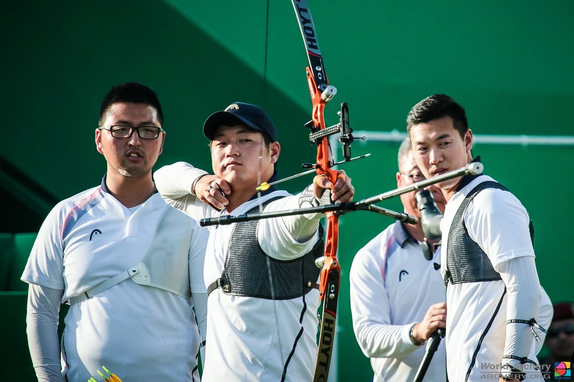 The Korean recurve men’s team shooting at the Rio 2016 Olympic Games.