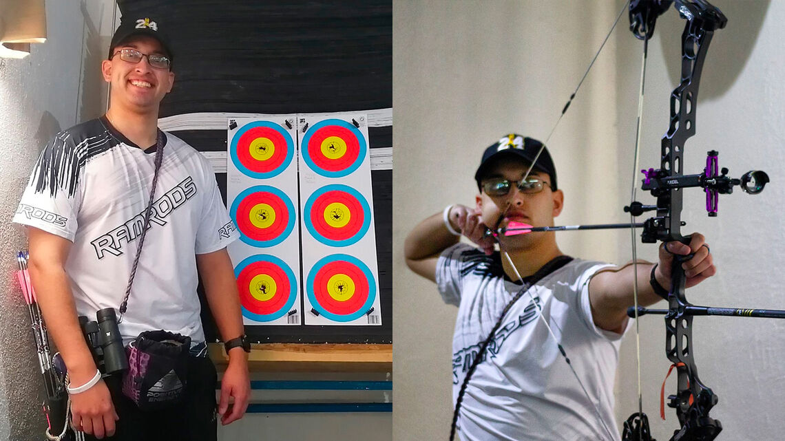 Jesus Sanchez shooting and with target for February stage of 2021 Indoor Archery World Series.