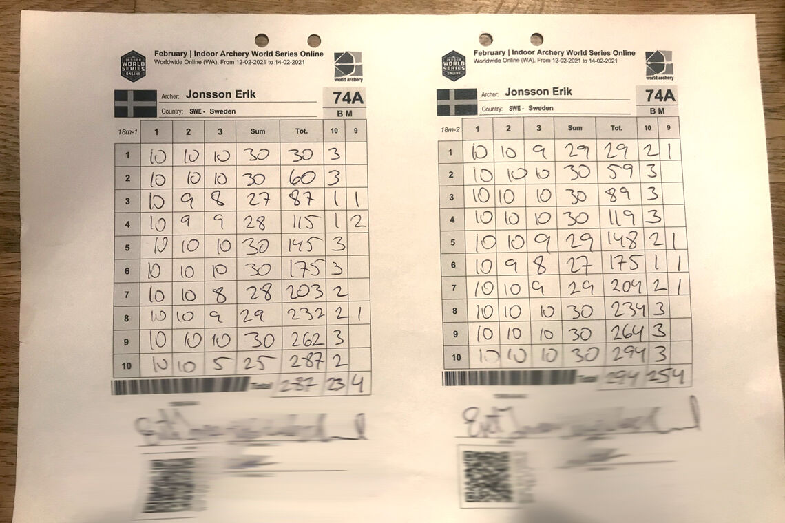 Erik Jonsson’s scoresheet for the fourth remote stage of the 2021 Indoor Archery World Series.