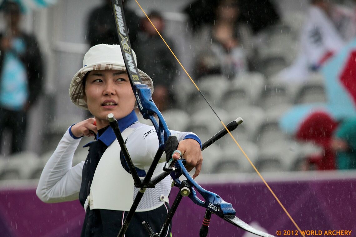 Ren Hayakawa shoots during the recurve women’s team bronze medal match at the Olympic Games in 2012.