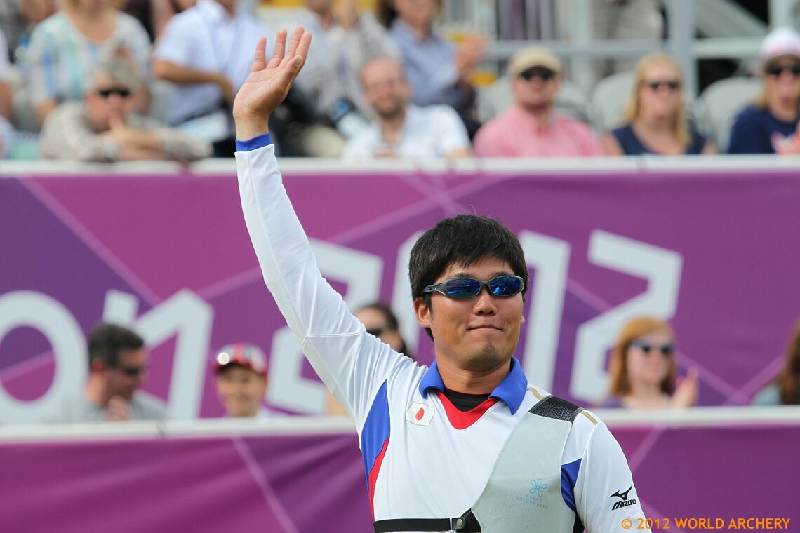 Takaharu Furukawa waves to the crowd during the Olympic Games in 2012.