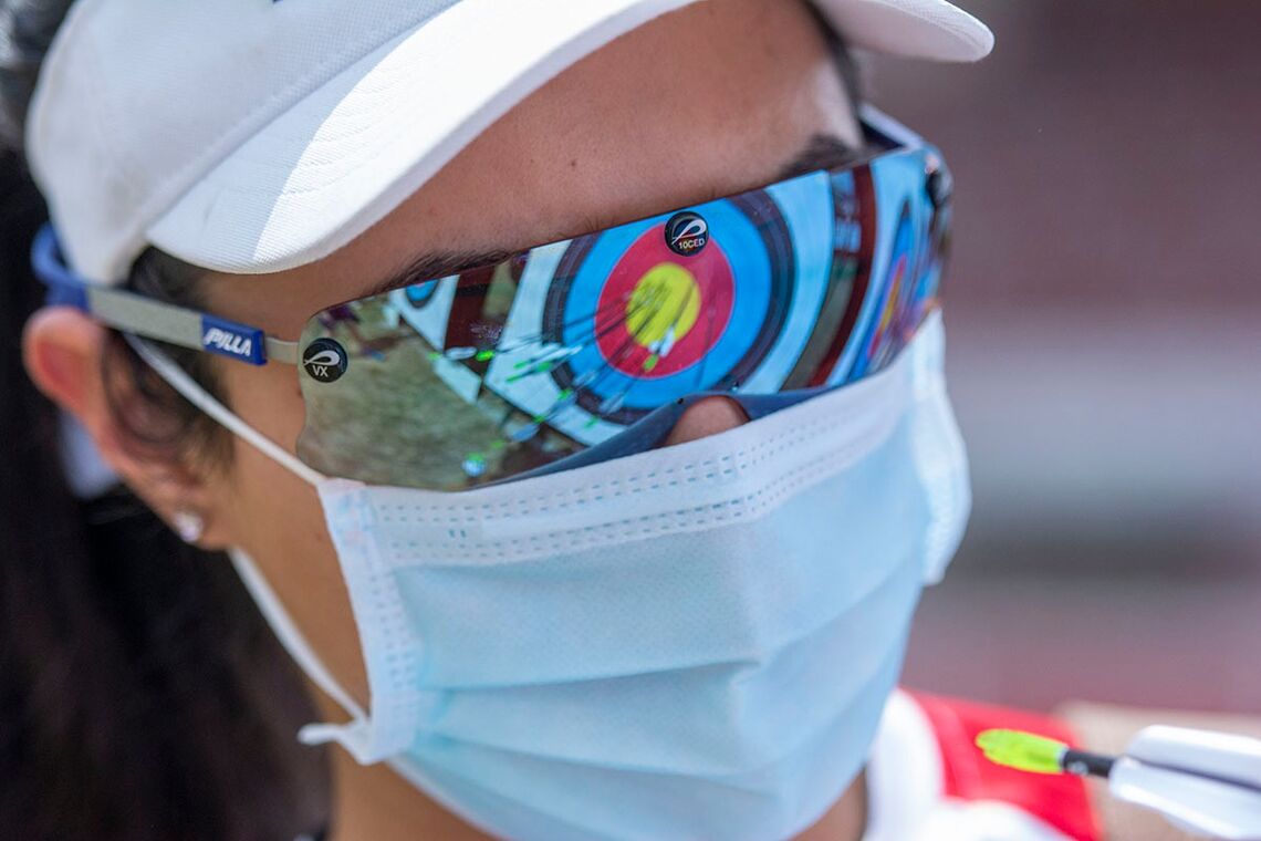 A target reflects in an archer’s glasses during the Pan American Championships in 2021.