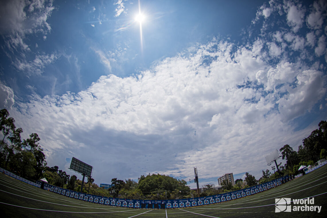 A fish-eye shot of the field at the first stage of the 2021 Hyundai Archery World Cup in Guatemala City.