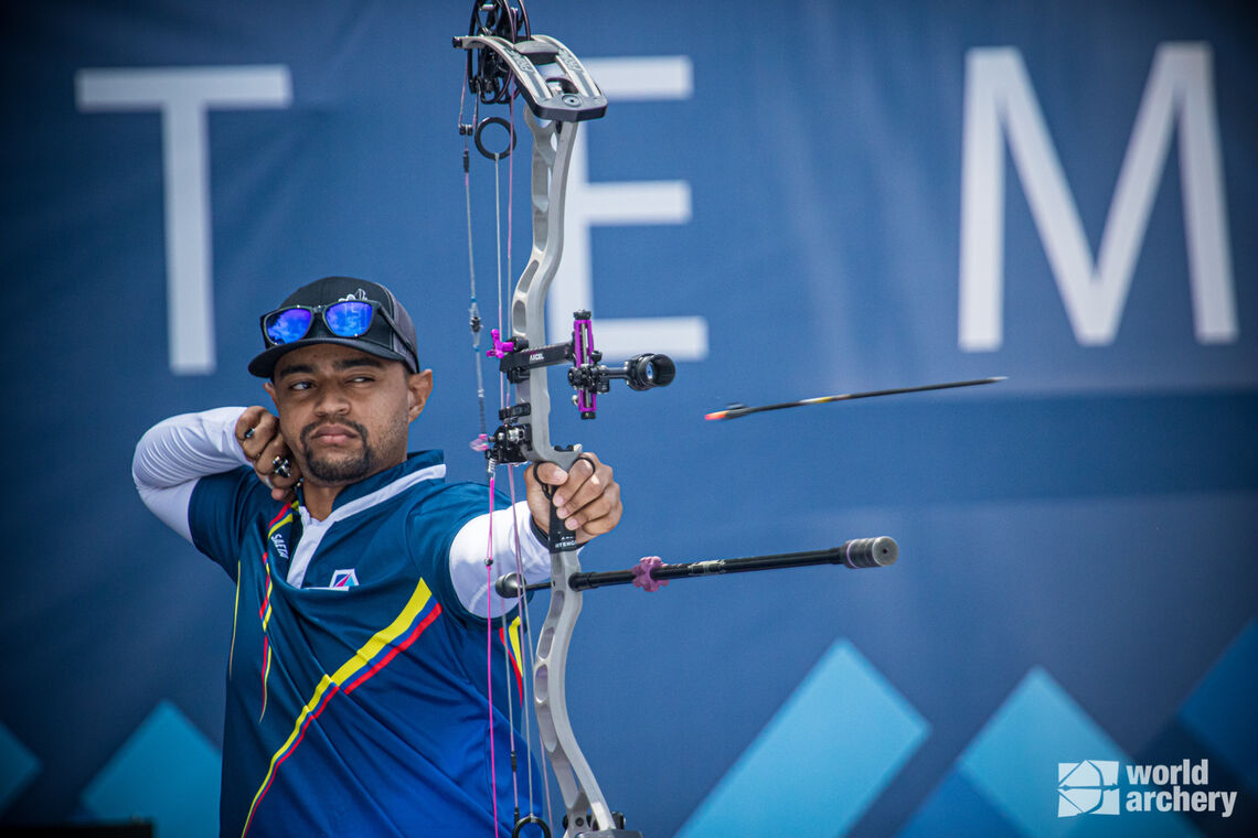 Juan Fernando Bonilla shoots during finals at the first stage of the 2021 Hyundai Archery World Cup in Guatemala City.