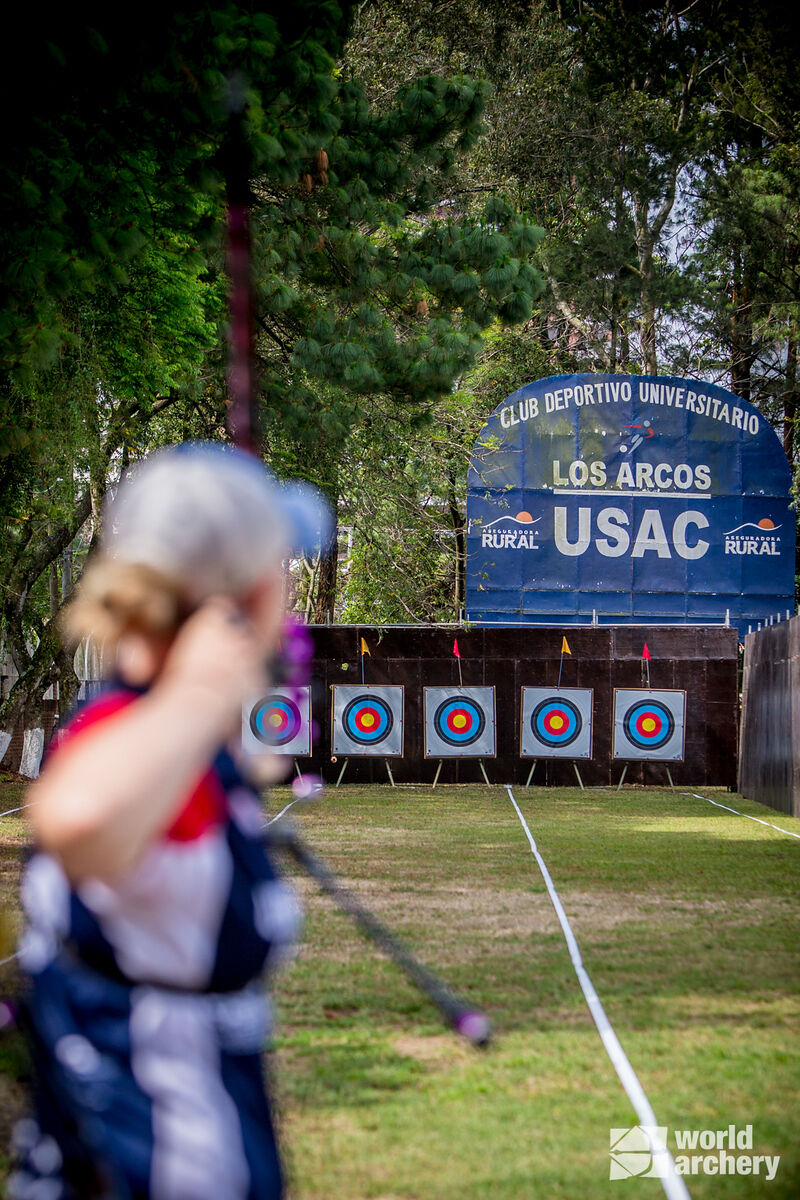 Mackenzie Brown shoots on the practice field during the first stage of the 2021 Hyundai Archery World Cup in Guatemala City.