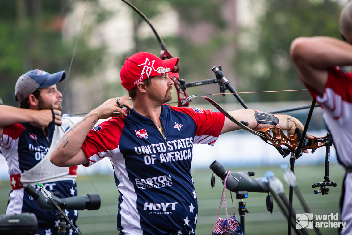 Brady Ellison shoots during qualification at the first stage of the 2021 Hyundai Archery World Cup in Guatemala City.