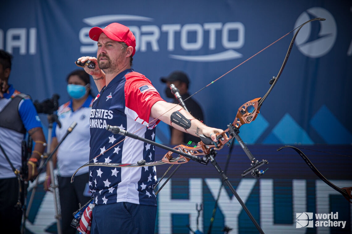 Brady Ellison shoots during finals at the first stage of the 2021 Hyundai Archery World Cup in Guatemala City.