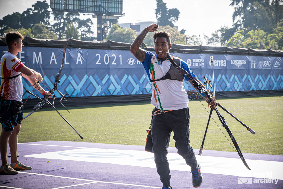 Atanu Das celebrates individual gold at the first stage of the 2021 Hyundai Archery World Cup in Guatemala City.