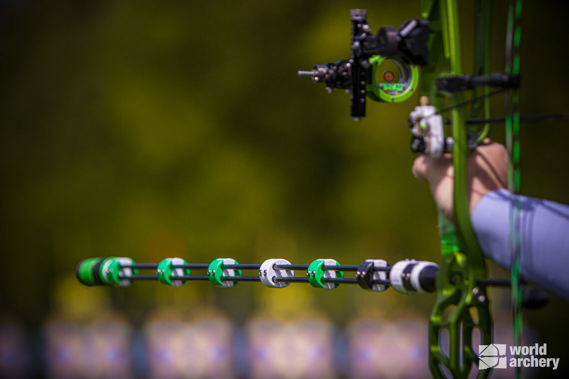 A close-up of Sergio Pagni’s bow during practice at the second stage of the Hyundai Archery World Cup in 2021.
